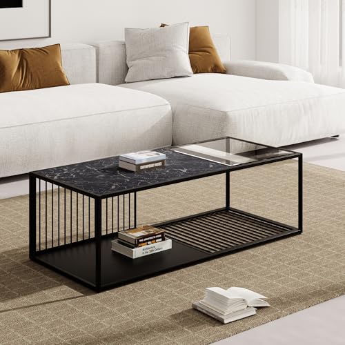 Moderner Couchtisch, Schmiedeeiserner Couchtisch mit Glas, großer Stauraum (Schwarz, 110 x 48 x 35 cm) von boorbin