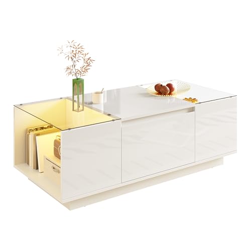 Moderner Couchtisch,Minimalistischer Couchtisch mit LED-Stimmungsbeleuchtung,Tisch mit Glasplatte und 2 Schubladen,Sofatisch für Wohnzimmer Büro kleine Wohnungen (Weiß) von boorbin