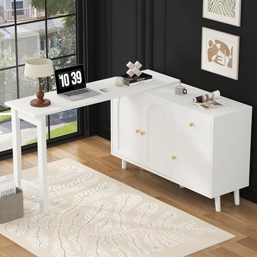 Multifunktionaler 2 in 1 Schreibtisch und Sideboard – 360° drehbar, 3 Türen 1 Schublade – Eleganter Computertisch, Eckschreibtisch, Frisiertisch, Schreibtisch,Sideboard (120 * 40 * 74.5cm) von boorbin
