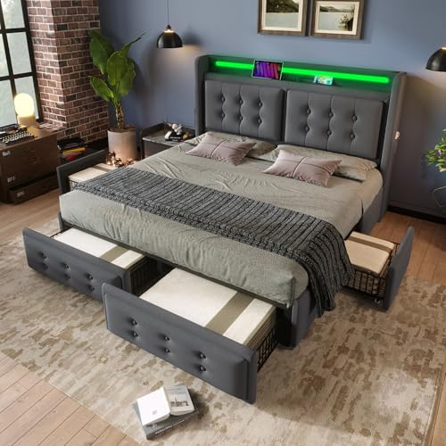 Polsterbett 160x200, Doppelbett mit Led-Kopfteil und USB C Ladefunktion und 4 Schubladen, Stauraumbetten mit Lattenrost aus Holz und Metallrahmen, Belastbarkeit 300 kg,Baumwolle (Grau-Ohne Matratze) von boorbin