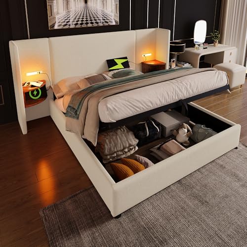 Polsterbett Doppelbett 160×200 mit Nachttisch, Leselampe und USB Type-C Ladefunktion, Bettanlage Stauraumbett Bettgestell mit Lattenrost aus Massivholz und Metall, Beige, Leinen(Ohne Matratze) von boorbin