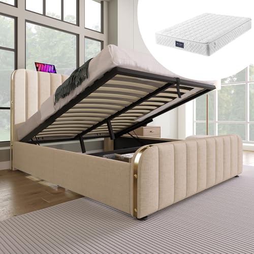 Polsterbett Einzelbett, gepolstertes Kopfteil mit goldenen Zierstreifen und ,USB Typ-C Ladefunktion,Beige Leinen-Material Hydraulisches Lagerbett,Belastbarkeit 181 kg (Mit Matratze, 140*200 cm) von boorbin