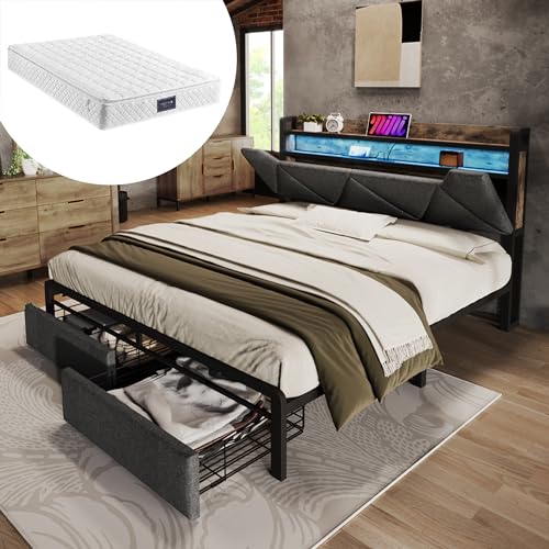 Polsterbett mit USB Typ C Ladefunktion Stauraum-Kopfteil und LED-Beleuchtung und Schubladen, Einzelbett, Stauraumbetten Bettgestell mit Lattenrost aus Metallrahmen, Grau,Mit Matratze (140x 200 CM) von boorbin