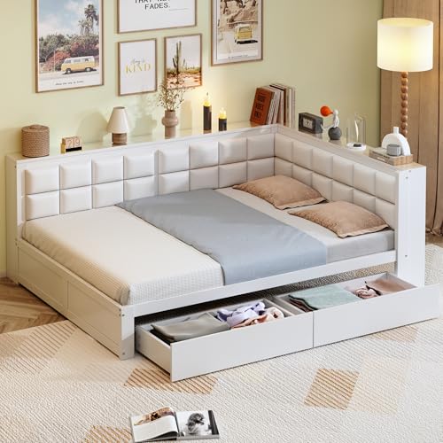 Sofa-Holzbett 140 x 200, multifunktionales Bett mit weicher Rückenlehne, großer Stauraumschublade, Einzelbett, Jugendbett, Holzbett aus Kiefernholz (Weiß) von boorbin