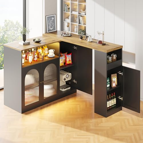Um 360° drehbarer Bartisch (Hauptkörper: 198 x 39,6 x 97 cm), mattschwarzer Schrank mit Schreibtisch in Holzmaserung, mit Changhong-Glasschranktür und LED-Licht, Sideboard, Weinschrank, Kaffeeecke von boorbin