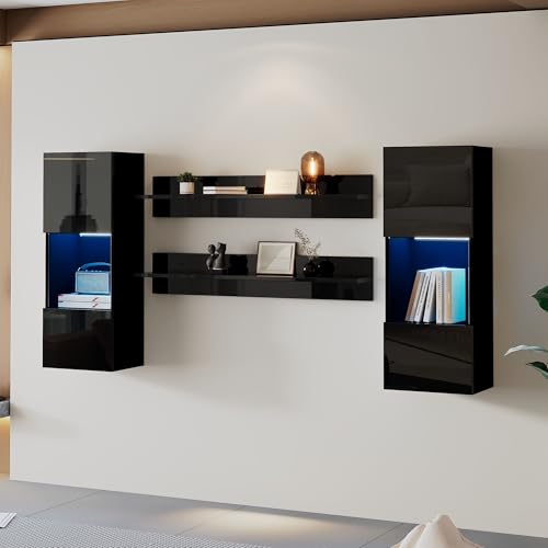 Wandregal 4er Sett, LED-Wandschrank und 2 Regale – Smarte APP-gesteuerte Beleuchtung, Hochglanzoberfläche und Türen aus gehärtetem Glas, für Wohnzimmer, TV-kompatibel, TV-Schrank-Set (Schwarz) von boorbin