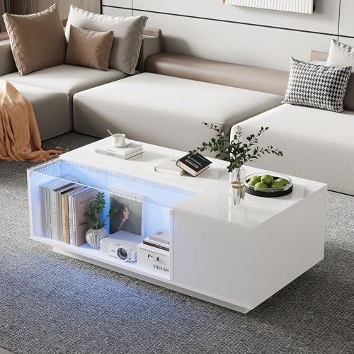 boorbin 100 * 50 * 35cm Couchtisch mit LED, Wohnzimmertisch aus gehärtetem Glas, Sofatisch mit viel Stauraum und 2 Schubladen, Hochglanz Kaffeetisch, Beistelltisch (Weiß) von boorbin
