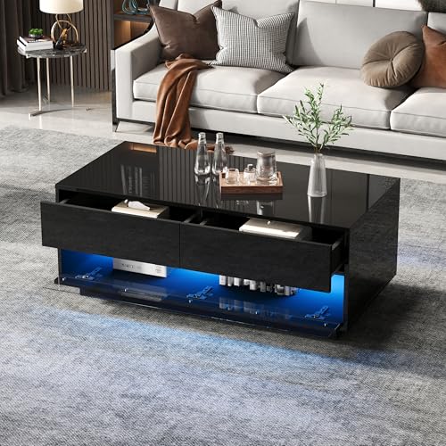 boorbin 100 * 50 * 40cm Hochglanz-Couchtisch, Teetisch mit 2 Schubladen, Bluetooth-LED-Lichtleiste, Stauraum-Sofatisch mit Schallwand aus gehärtetem Glas, Beistelltisch, kaffetish, Schwarz boorbin 100 * 50 * 40cm Hochglanz-Couchtisch, Teetisch mit 2 Schubladen, Bluetooth-LED-Lichtleiste, Stauraum-Sofatisch mit Schallwand aus gehärtetem Glas, Beistelltisch, kaffetish, Schwarz von boorbin