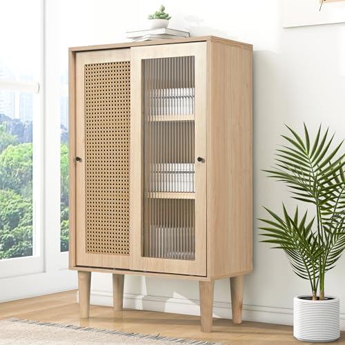 boorbin 100 cm hohes holzfarbenes Sideboard mit Kunststoff-Rattantüren und Schiebetüren aus Glas, mit 6 Fächern hinter den Türen boorbin 100 cm hohes holzfarbenes Sideboard mit Kunststoff-Rattantüren und Schiebetüren aus Glas, mit 6 Fächern hinter den Türen von boorbin