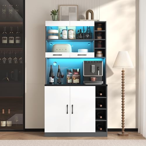 boorbin 100x47x187cm, Küchenschrank, Buffet mit LED-Ambiente-Beleuchtung und Kabellöchern, Küchen-Highboard aus Holz, großer Platz für Mikrowelle, freistehend (Weiß + Grau) von boorbin