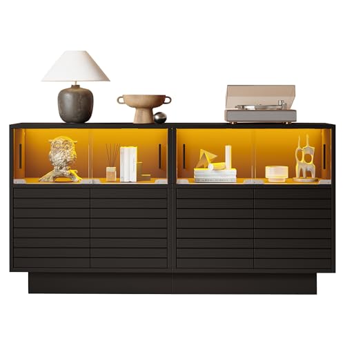 boorbin 130 * 35 * 68cm Sideboard mit 2 Kabinett, 4 Fächern, Glastüren, Breite 130 cm, Beistellschrank mit LED-Licht, Wohnraumschrank mit viel Stauraum, modernes highboard von boorbin