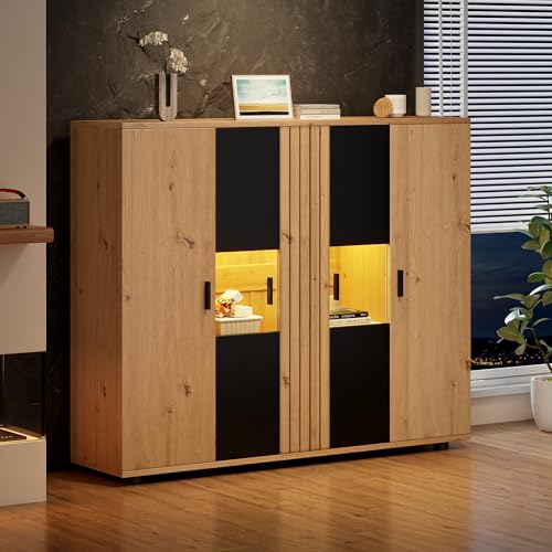 boorbin 140 * 35 * 113cm Wohnzimmerseitenschrank,Wohnraum-Beistellschrank mit Trennwand-Design und verstellbaren Trennwänden, Sideboard in Schwarz + Holzfarbe und 4 Türen von boorbin