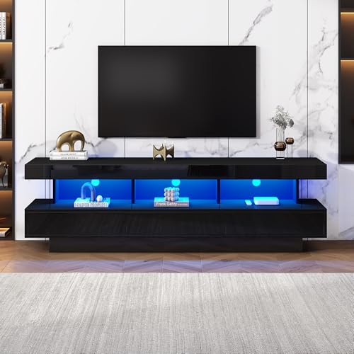 boorbin 160 * 38 * 50.5cm Hochglanz-TV-Schrank mit 3 Glasfächern, LED-Beleuchtung, App-Steuerung, Bluetooth-verbunden, für 70-Zoll-TV,Hochglanz mit Glas-TV-Ständer,Smart (Schwarz) von boorbin