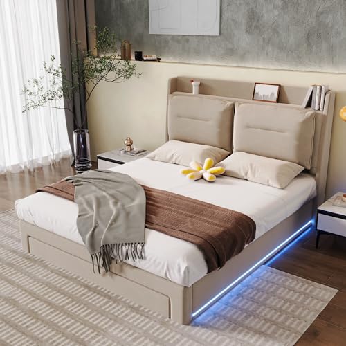 160x200, LED-Licht-Polsterbett, hydraulisches Bett, 2-in-1 Stauraumschubladen am Bettende, Lattenrost, ohne Matratze, Samt (Beige) von boorbin