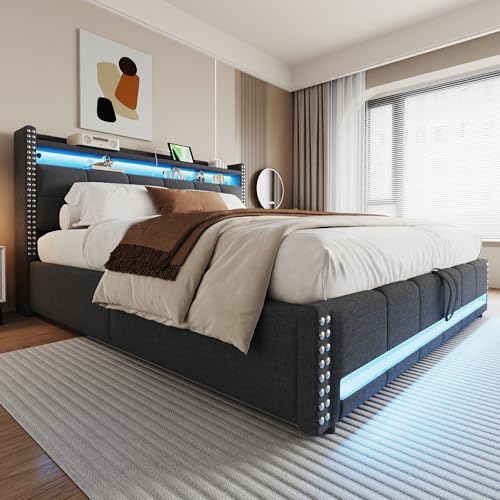 boorbin 180x200cm Polsterbett mit LED-Beleuchtung, USB-Steckdose, Einlegeböden und Stauraum, Hydraulik für die Lagerung, Erwachsenenbett Doppelt (Grau) von boorbin