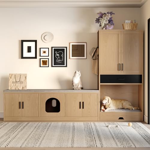 boorbin 2-in-1-Haustiermöbel-Set–Multifunktionale Schrankbank und Schubladenkommode–Kommt mit Hundebett, Katzenhöhle, Kratzbaum, Futterstation und Stauraum (Eiche, 140 x 40 x 45,5 + 79 x 40 x 160 cm) von boorbin