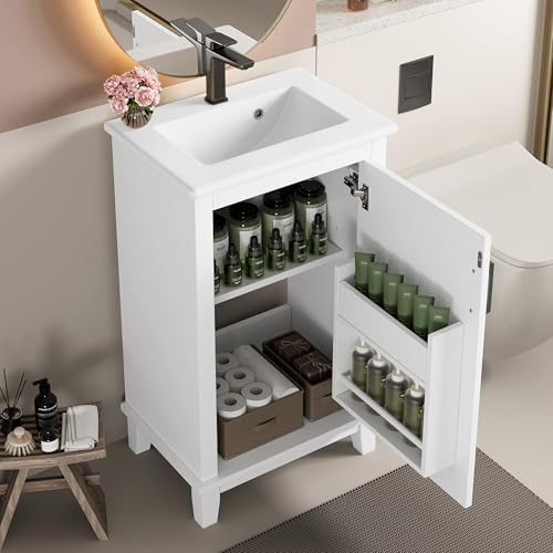 boorbin 51x34x83cmBodenstehender Badezimmerschrank, Waschtisch, Waschtisch,komplett lackiert, Türregale, verstellbare Regale, integriertes Keramikwaschbecken, geeignet für kleine Räume (Weiß) von boorbin