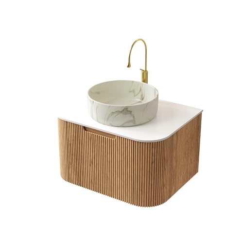 boorbin 61cm Hängende Badezimmer-Waschtisch mit Weißem Rund Keramikbecken mit Steinmuster und Platte, Gebogene Kanten Gestreifter Sperrholzschrank mit Schublade (natürliche Holzmaserung Farbe-2) von boorbin