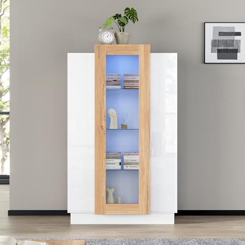 boorbin 74 * 40 * 120cm Wohnzimmerschrank mit 3 Türen, transparente Türen, Vitrine Hochglanz mit LED, Bücherschrank mit Glasablagen und Schublade,Standvitrine mit Einer Höhe von 120cm von boorbin