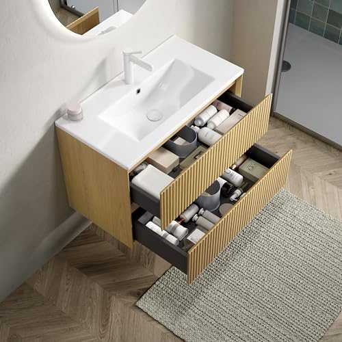 boorbin 75cm Wandmontie Badezimmer-Waschtisch mit Weißes Rechteckigem Keramik-Unterbauwaschbecken, Gestreifter Sperrholz Schrank mit 2 Schubladen, Vormontiert (Collora Holzmaserung Farbe -2) von boorbin