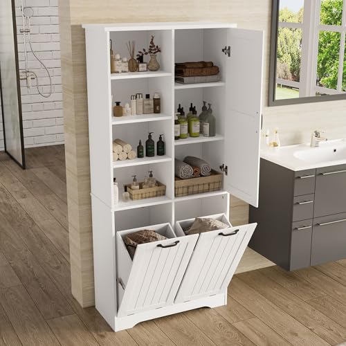 boorbin 78 x 35 x 172 cm Badezimmerschrank, feuchtigkeitsbeständige Farbe, doppelter Wäschekorb, Vier offene Fächer, eine Tür, DREI Fächer in der Tür, verstellbare Regale, viel Stauraum (Weiß) von boorbin
