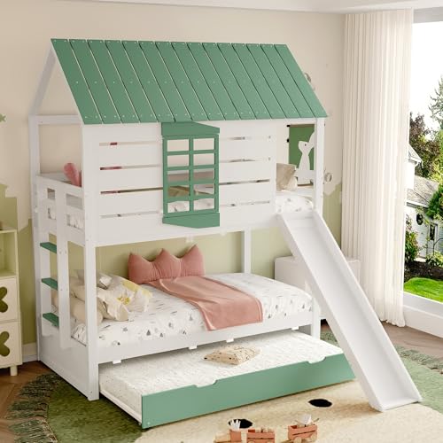 boorbin 90X200 Haus-Etagenbett mit Rutsche und 2 Schubladen (Weiß+Grün-2) von boorbin
