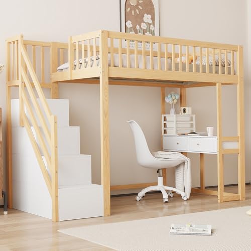 boorbin 90x200 Hochbett mit Multifunktionstisch, sicherer Aufbewahrungstreppe, Bettgestell aus massivem Kiefernholz für Kinder und Jugendliche (Weiß + Helle Eiche) von boorbin