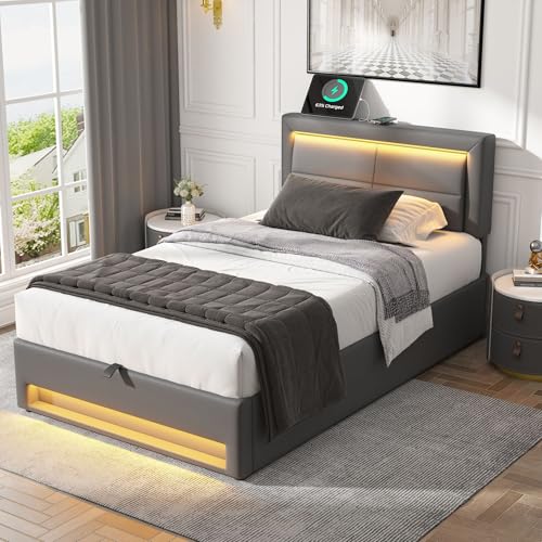 boorbin 90x200cm Polsterbett, mit USB-Anschluss (unterstützt kabelloses und kabelgebundenes Laden), LED-Beleuchtung und Stauraum, ohne Matratze (Grau) von boorbin