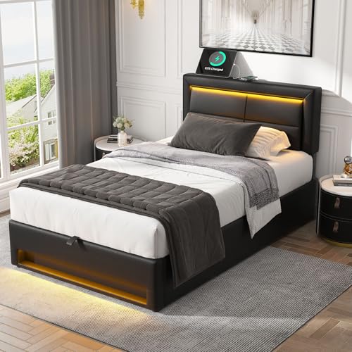 boorbin 90x200cm Polsterbett, mit USB-Anschluss (unterstützt kabelloses und kabelgebundenes Laden), LED-Beleuchtung und Stauraum, ohne Matratze (Schwarz) von boorbin