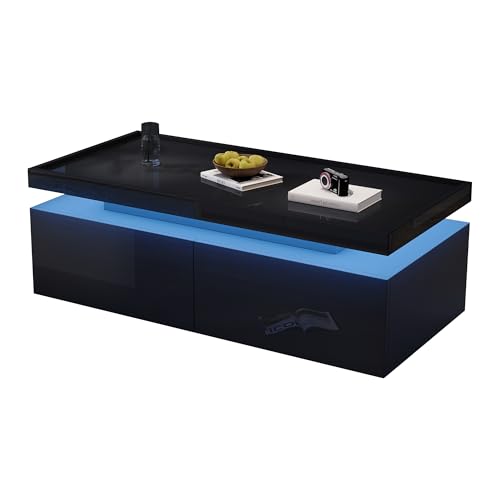 boorbin 95 * 45 * 35cm Couchtisch,Wohnzimmertisch mit LED, kaffeetisch mit 2 Schubladen, Hochglanz Sofatisch,moderner minimalistischer Tisch,Beistelltisch mit geometrischem Design (Schwarz) von boorbin