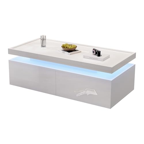 boorbin 95 * 45 * 35cm Couchtisch,Wohnzimmertisch mit LED, kaffeetisch mit 2 Schubladen, Hochglanz Sofatisch,moderner minimalistischer Tisch,Beistelltisch mit geometrischem Design (Weiß) von boorbin