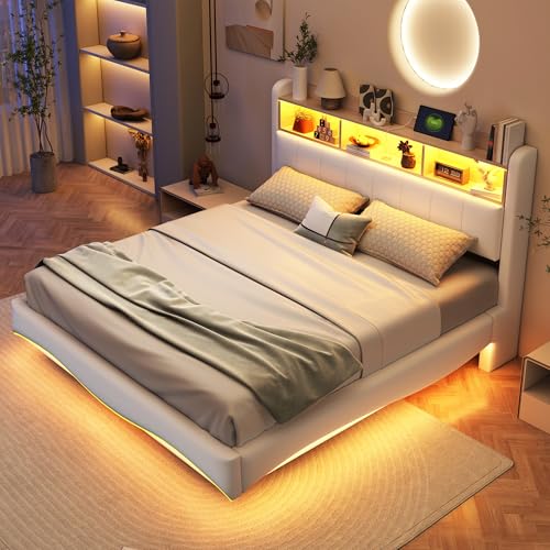 boorbin Abgehängtes Design Polsterbett 160 * 200 aus Leinenstoff, multifunktionales Stauraumbett mit LED-Licht, USB- und Type-C-Schnittstelle (Beige) von boorbin