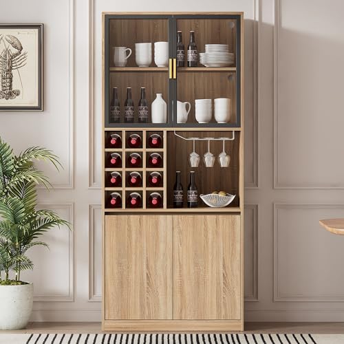 boorbin Badezimmerschrank,Spirituosenschrank,Vitrine Vitrinenschrank mit Glastüren und Beleuchtung 180 cm (Natur-1) von boorbin