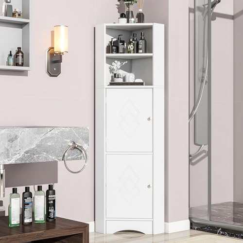 boorbin Badschrank, Badmöbel, Eckschrank mit Zwei Ablagefächern, offenes Fach mit verstellbarem Einlegeboden,36.5 x 36.5 x 155 cm (Weiß) von boorbin