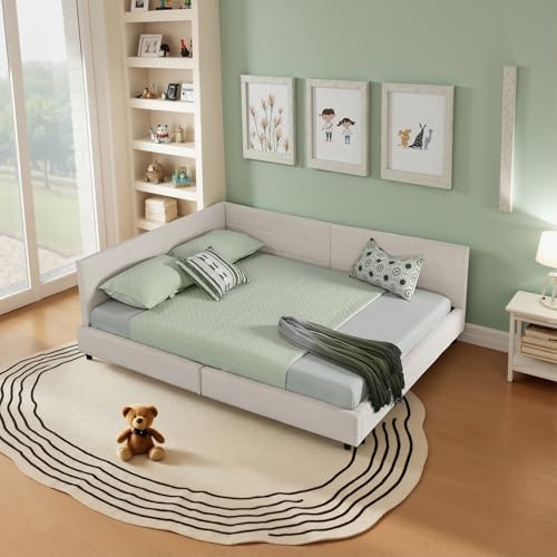 boorbin Doppelbett Polsterbett,Bett mit Lattenrost aus lrahmen, hautfreundliches Samtdesign, Kinderbett mit hoher Rückenlehne,Jugendbett für Schlafzimmer Gästezimmer (Beige, 160 * 200 cm) von boorbin