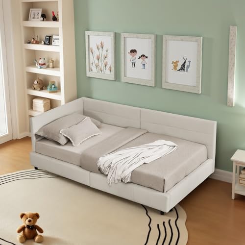 boorbin Einzelbett Polsterbett,Bett mit Lattenrost aus lrahmen, hautfreundliches Samtdesign, Kinderbett mit hoher Rückenlehne,Jugendbett für Schlafzimmer Gästezimmer (Beige, 90 * 200 cm) von boorbin