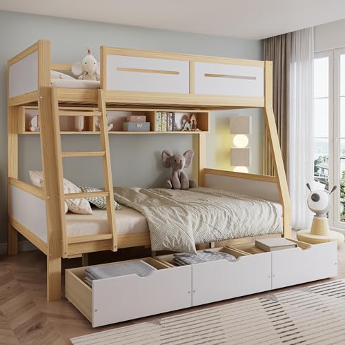 boorbin Etagenbett, Kinderbett, DREI Schubladen mit Rollen, 2m Bilderbuchständer, Sichere vierseitige Umzäunung und Trittleiter, Kiefer + MDF + Sperrholz, Weiß+Natur, 90x200cm&120x200cm von boorbin