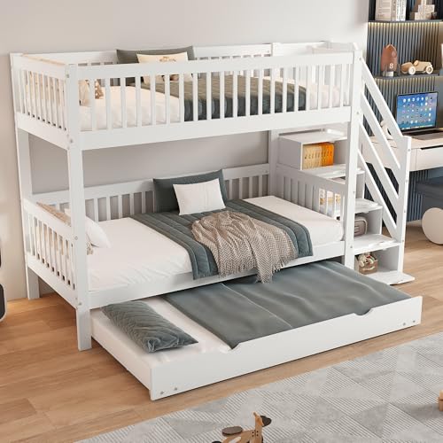 boorbin Etagenbett mit Rollbett, Kinderbett mit Leiterschrank und Handlauf, mit Fallschutzgitter an Allen Seiten, Kiefer+MDF, Weiß, 90x200/190cm von boorbin