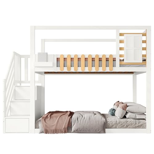 boorbin Etagenbett mit Treppe, Fenster und Regalkasten, Rahmen aus massivem Kiefernholz, Kinderbett mit 3 Schließfächer in der Treppe, mit Fallschutzgitter, Weiß, 90x200cm boorbin Etagenbett mit Treppe, Fenster und Regalkasten, Rahmen aus massivem Kiefernholz, Kinderbett mit 3 Schließfächer in der Treppe, mit Fallschutzgitter, Weiß, 90x200cm von boorbin
