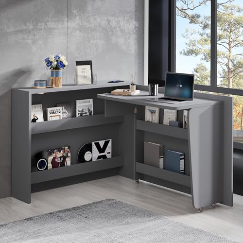 boorbin Faltbarer Schreibtisch mit Rollen & Wireless Charger, 2-in-1 Sideboard & Arbeitsplatz,115×27×93 cm geschlossen, mit Regal & Anti-Kipp,Rollen mit Bremse-Schreibtisch (Mattgrau) von boorbin