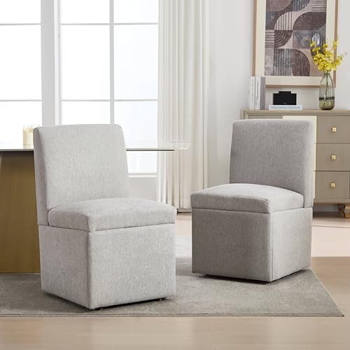 boorbin Gepolsterte Esszimmerstühle 2er Set Drehbare Esszimmerstühle Küchenstühle Rollen & Lagerung Bequemer Moderner Rollsessel Weiß für Wohnzimmer Armloser Stuhl aus Stoff (Hellgrau) von boorbin
