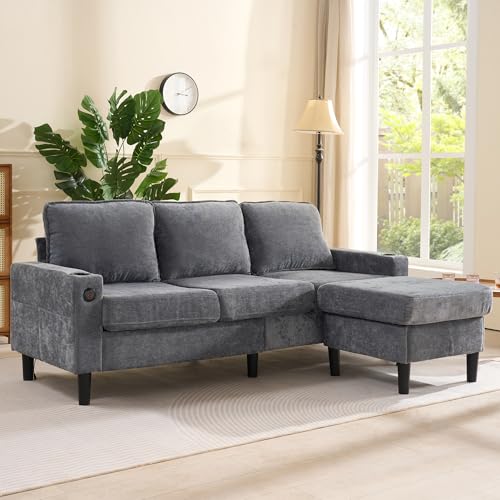 boorbin Gepolstertes Sofa und Couch mit USB- und Typ-C-Anschlüssen, 3-Sitzer-Sofa mit Zwei Getränkehaltern für Wohnzimmer, Wohnung, Lounge und Schlafzimmer – L-förmiges Schlafsofa (Grau) von boorbin