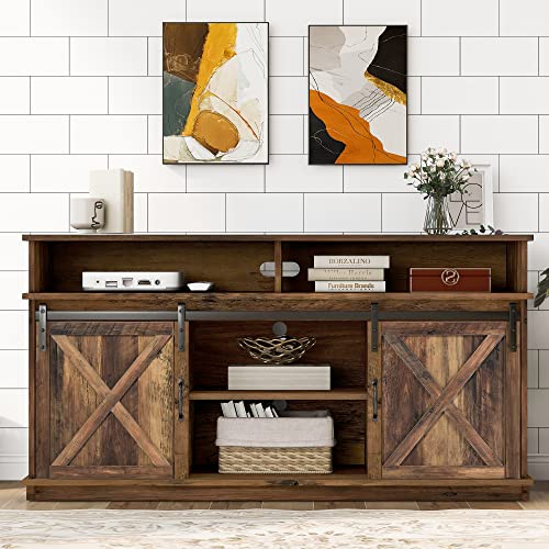boorbin Großer TV-Schrank, Sideboard, Unterhaltungscenter mit 2 klassischen Schiebetüren, verstellbaren Regalen für Wohnzimmer, Esszimmer, Farm-Design 148 * 40 * 78 cm (Braun) von boorbin