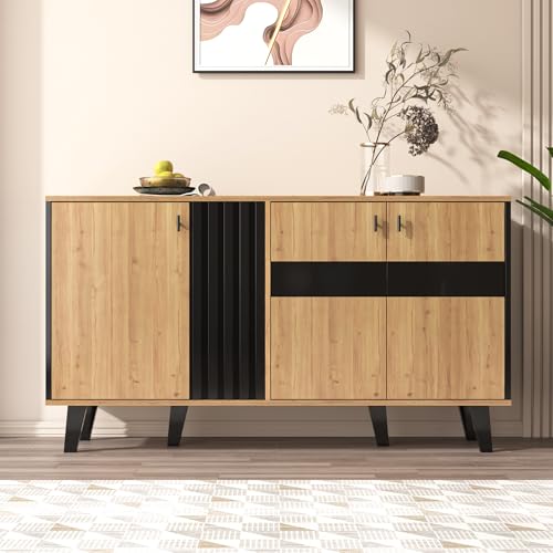 boorbin Großes Sideboard, farblich abgestimmtes Design-Sideboard aus Holz und Schwarz mit Stauraum, Schrank mit LED-Licht und Glas, vielseitig einsetzbar (Natürlich, 140 x 78,5 x 41 cm) von boorbin