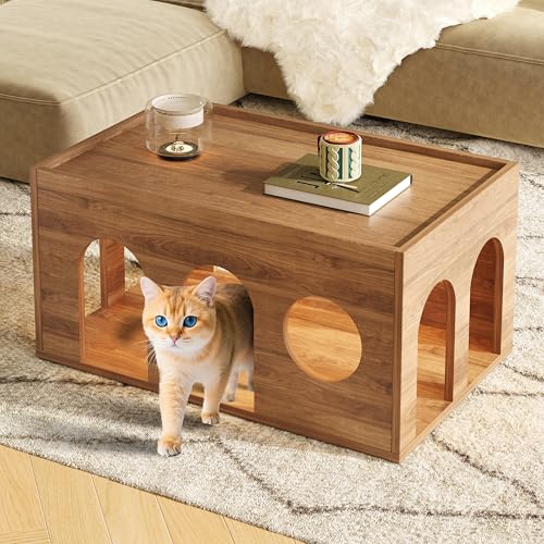 boorbin Haustierfreundlicher Nussbaum-Couchtisch mit Katzenlöchern, 80 * 50 * 40 cm, natürliches Nussbaum-Finish – perfekt für modernes Wohnzimmer und Menschen-Tier-Interaktion von boorbin