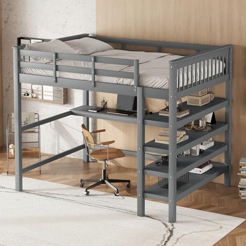 boorbin Hochbett, 140 x 200,Kinderhochbett mit Ablagefächern und Unterbettschreibtisch,Ohne Matratze (Grau) von boorbin