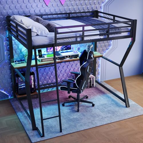 boorbin Hochbett, 90 * 200cm, Mit LED-Leuchten, Computerkonsolenablage, Schreibtisch, Steckdose+USB, Geländer, Treppe, ohne Matratze (Schwarz) von boorbin