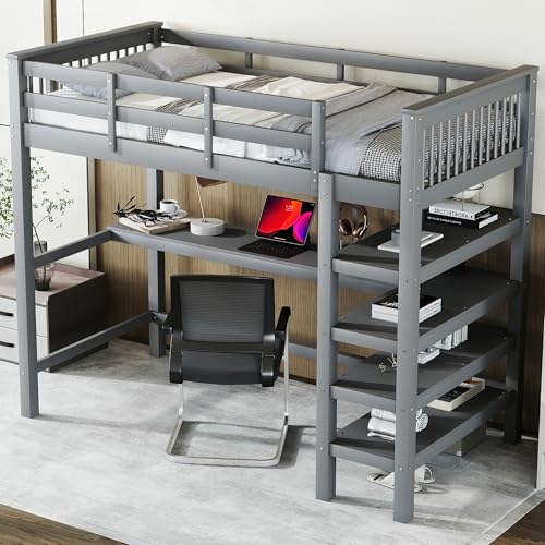 boorbin Hochbett, 90 x 200,Kinderhochbett mit Ablagefächern und Unterbettschreibtisch,Ohne Matratze (Grau) von boorbin