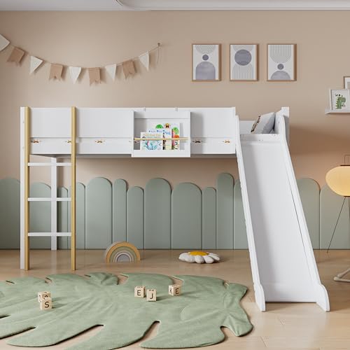 boorbin Hochbett, Etagenbett mit dreistufiger gerader Leiter, Kinderbett, Jugendbett mit Rutsche, mit abnehmbarem Regal, Kiefer+MDF, Weiß+Natur, 90x200cm boorbin Hochbett, Etagenbett mit dreistufiger gerader Leiter, Kinderbett, Jugendbett mit Rutsche, mit abnehmbarem Regal, Kiefer+MDF, Weiß+Natur, 90x200cm von boorbin