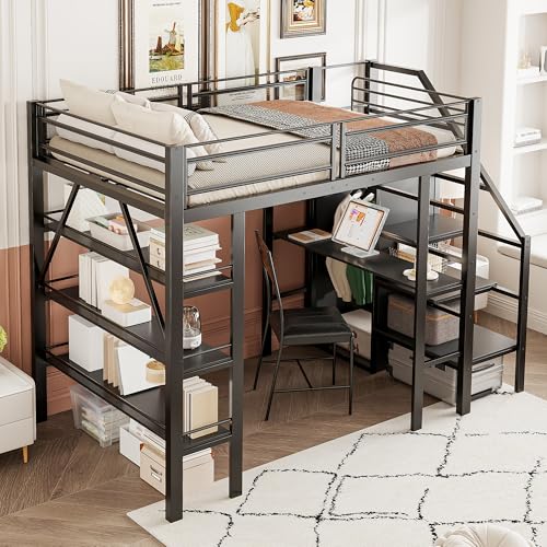 boorbin Hochbett 140 * 200cm, dreilagiges Ablageregal, Schreibtisch, Kleiderschrank, Sicherheitsstufen mit Ablagefach, hohes Zaundesign, Eisenbett, Einzelbett (Schwarz) von boorbin